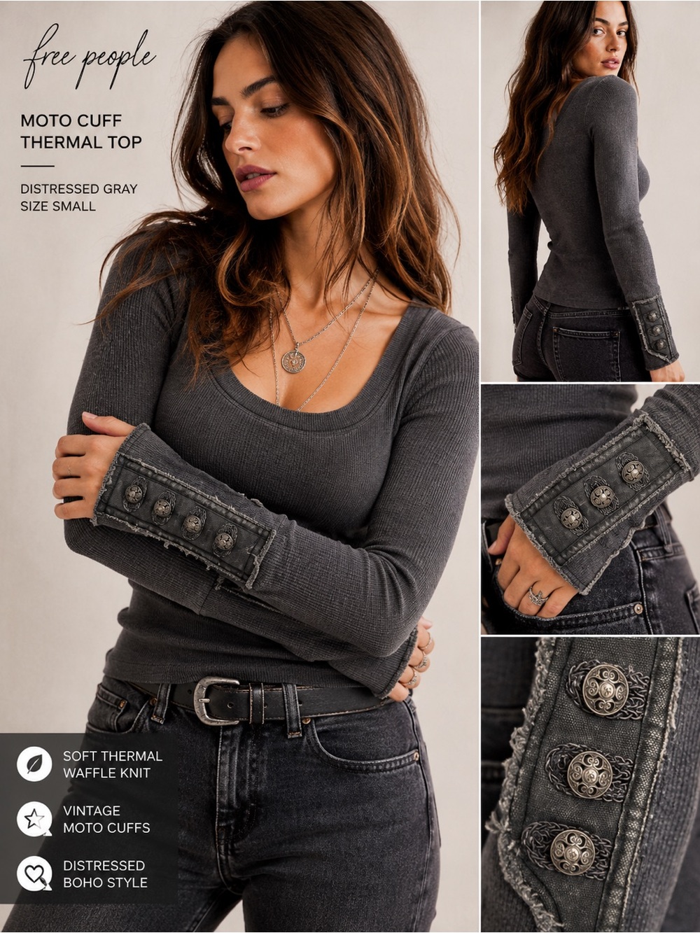 Free People Vintage Military Cuff Thermal Top Gray Distressed Boho Small